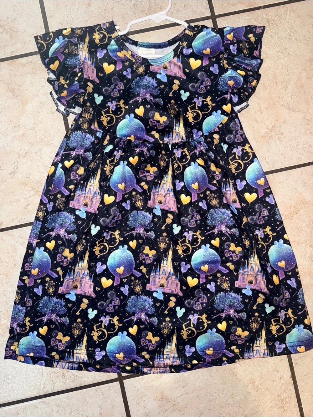 Girls' Black Fairy Castle Print Flutter Sleeve Dress